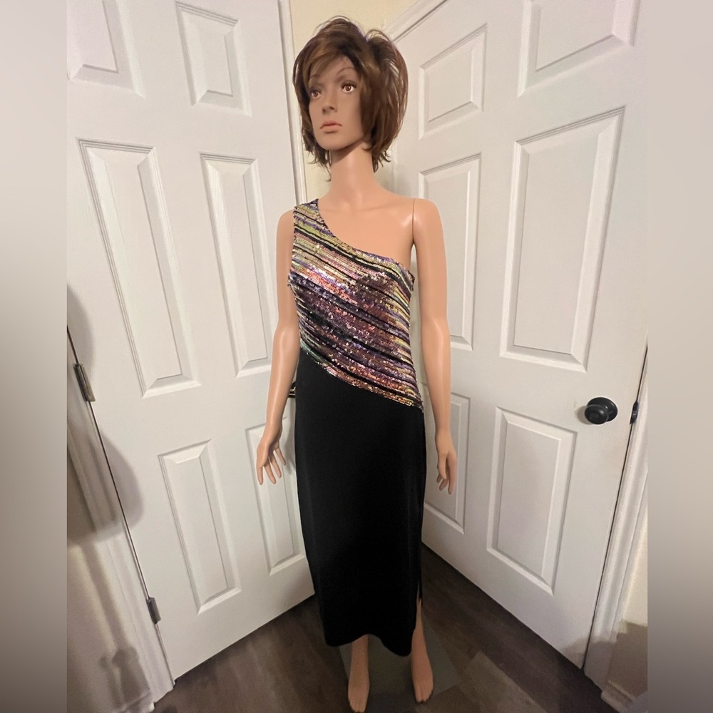 One-Shoulder Black Dress with Multicolor Sequin Bodice